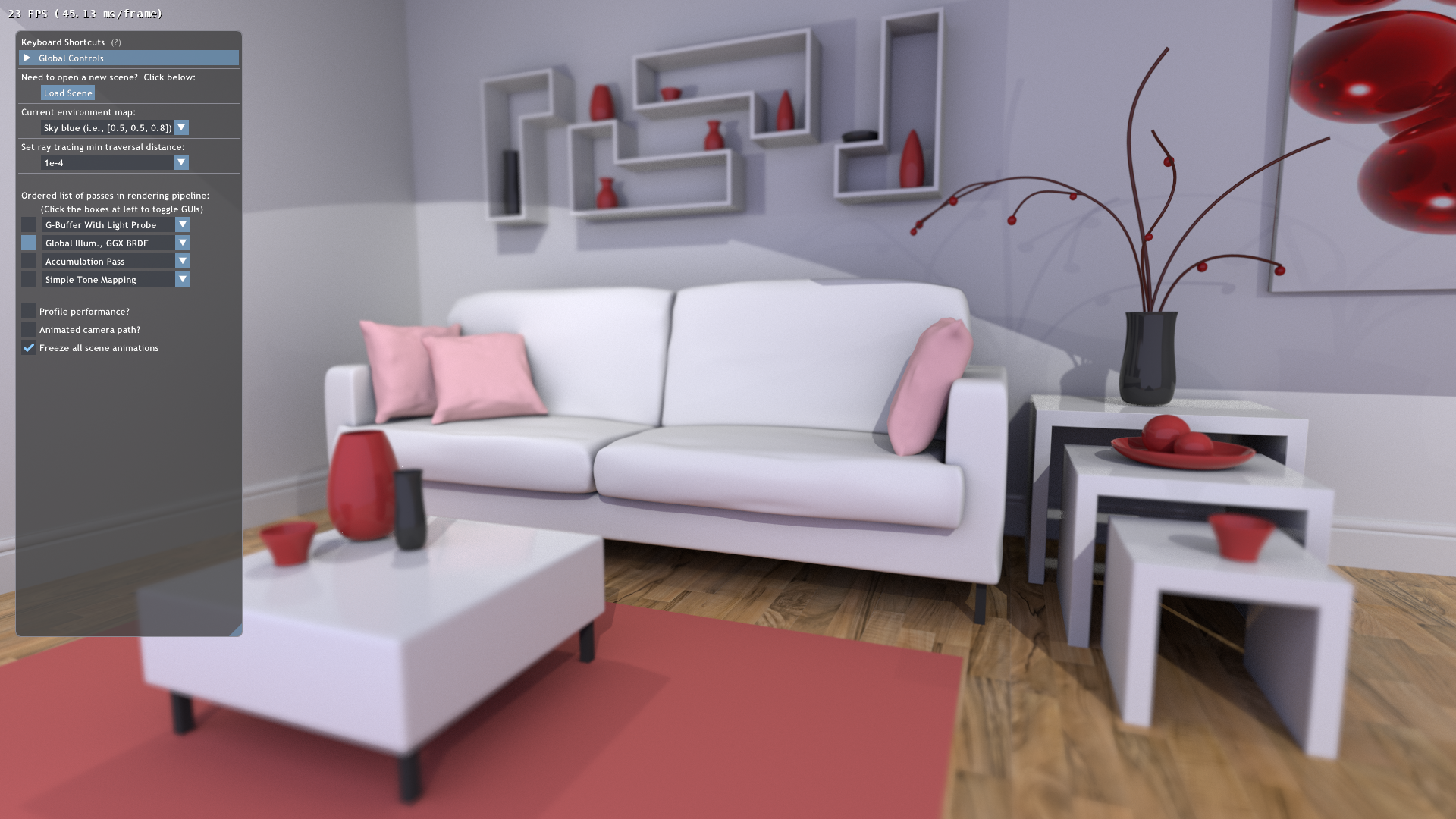 Result of running Tutorial 14, after loading the scene "pink_room.fscene"